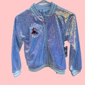 Disney Frozen Girls Iridescent Sequin Bomber Jacket - Blue